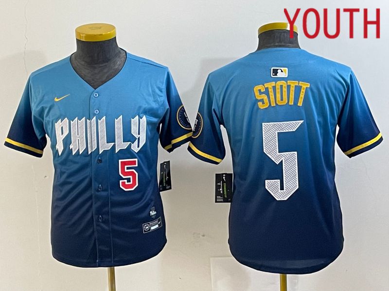 Youth Philadelphia Phillies #5 Stott Blue City Edition Nike 2024 MLB Jersey style 3